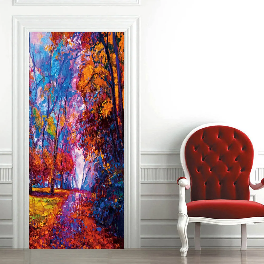 

Картина маслом, дверные наклейки с пейзажем, осенние листья, обои, абстрактное искусство, самоклеящаяся наклейка из ПВХ, Фотообои