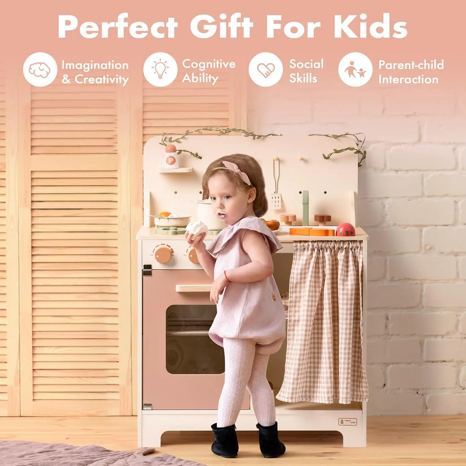 Robotime Robud  Kids Play Kitchen Set Rustic Wooden Kitchen Pretend With Leaf Light String Apron for Toddlers 3+ (Rustic Style) 3