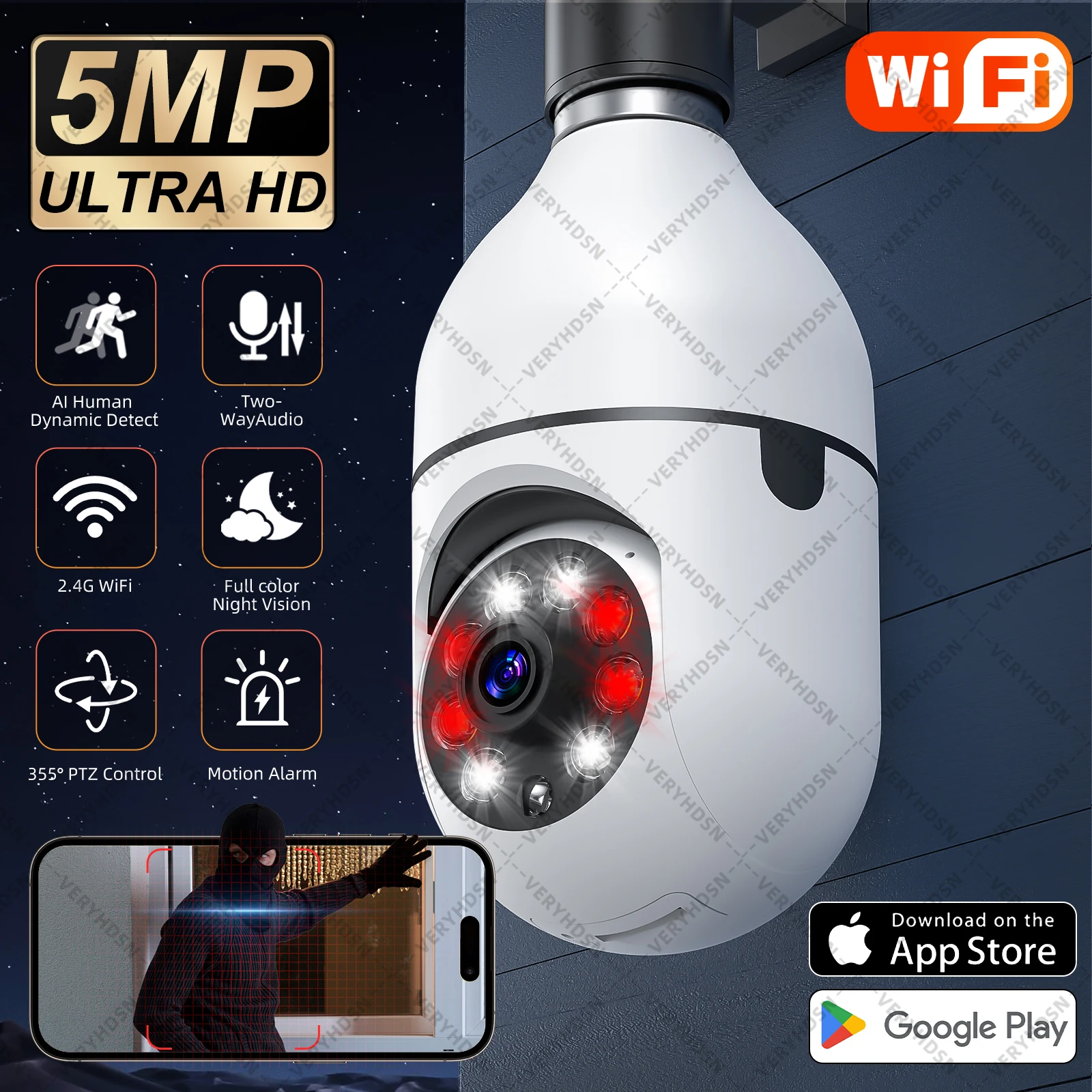 5MP E27 Wifi IP Bulb Surveillance Camera Night Vision Wireless
