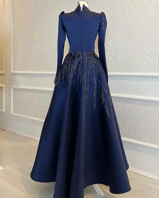 Navy Satin Beaded Long Sleeve Hijab Muslim Evening Dresses Moroccan Caftan High Neck Formal Party Ball Gown Robe De Soiree 2