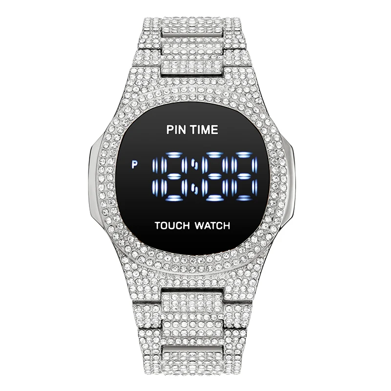 PINTIME Men Watch Digite Wristwatch LED Display Dial Waterproof Stainless Steel Strap Luxury Diamond Montre Homme Relogio  Gold