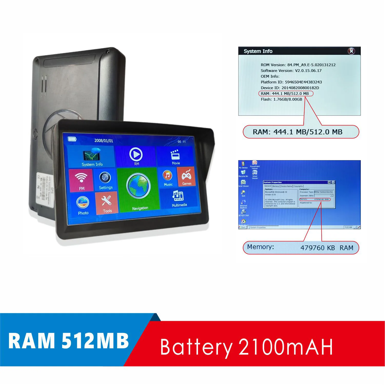 758D512MB + 7-Дюймовая GPS-Навигация 8 ГБ + ОЗУ 512 МБ.