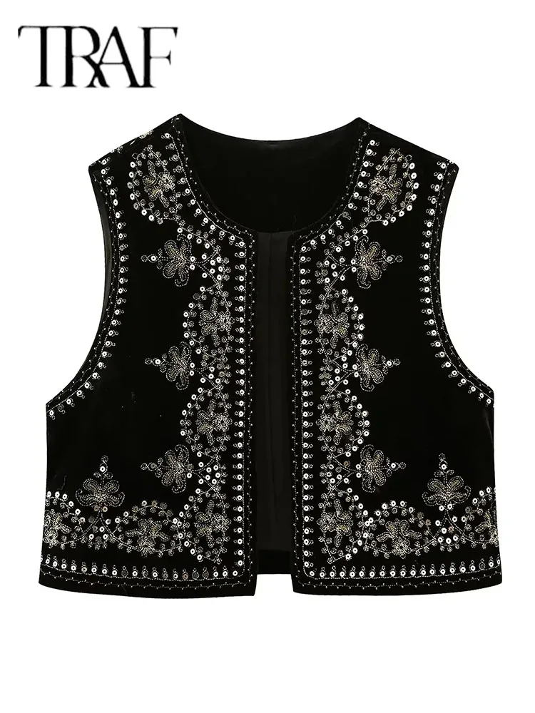 TRAF Vintage Autumn Velvet Embroidered Vest Sleeveless Jacket Women V Neck Chic Waistcoats Female Fashion Vests Coat 2023 4