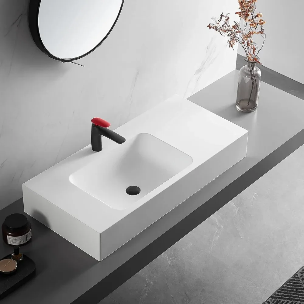 Bathroom Sink, Wall-Mount or On Countertop, 40" with Square Sink and Flat Space, Single Faucet Hole, Solid Surface 4