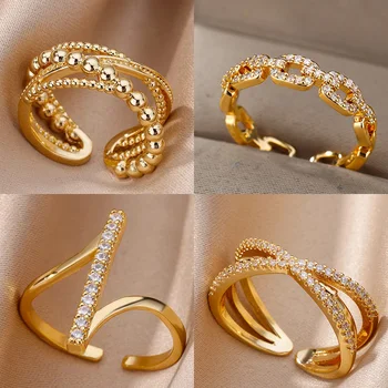 Anelli geometrici con zirconi per le donne Anello di apertura in acciaio inossidabile color oro Anello di apertura di lusso per la festa nuziale Regalo estetico Jewerly Femme 2024