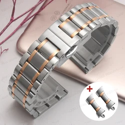 Sleek Arc Flat End Solid Stainless Steel Watchband with Butterfly Clasp Design - Universal Fit - 22mm (Silver Rose Gold)