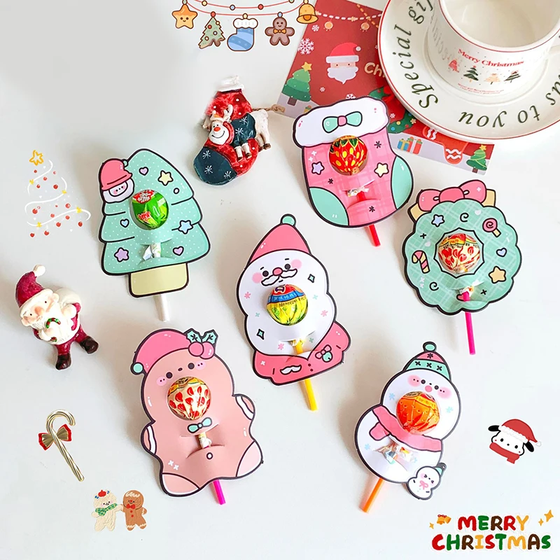 

30 Pcs Cartoon Christmas Lollipop Holder Decorative Cards Santa Claus Snowman Kids Candy Wrapping New Year Party Decoration