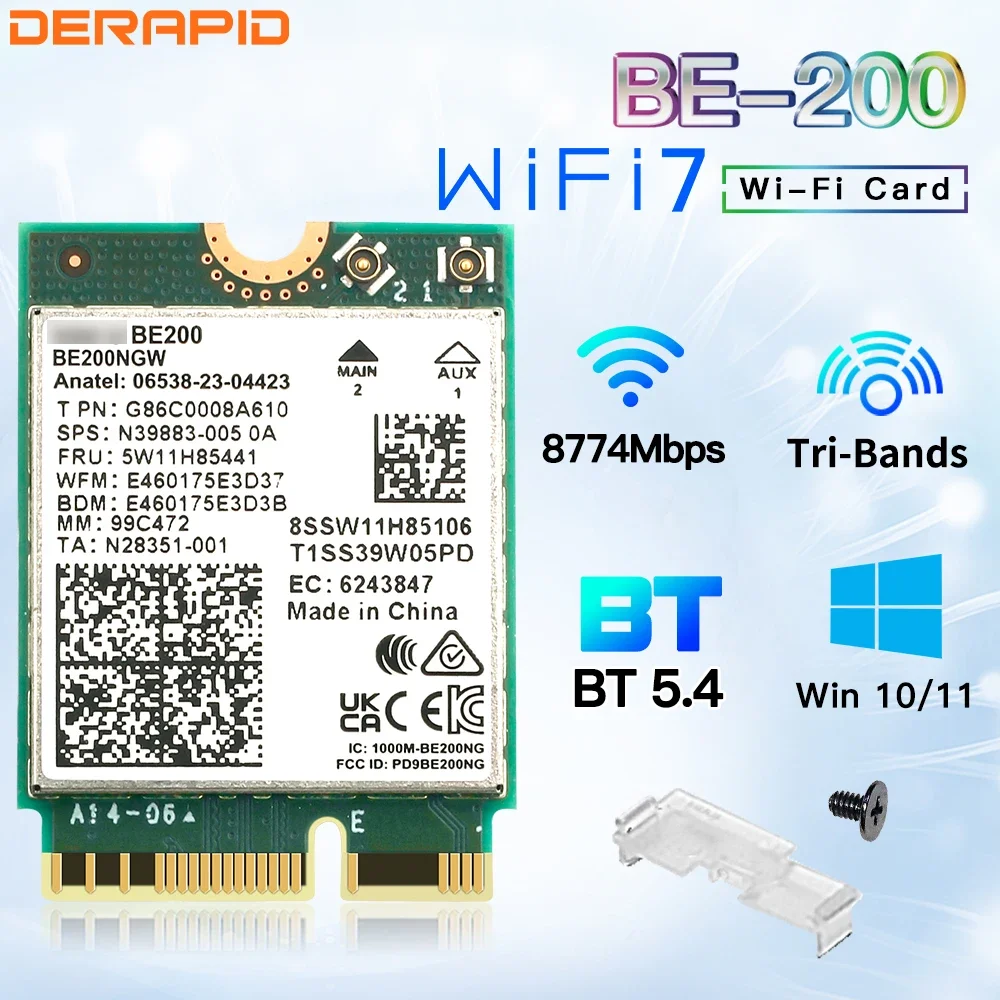 Wifi7 b200ngw tri-band ngff מתאם bluet' 5.4 Be200m.2 dongle אלחוטי למחשב/מחשב נייד עבור win10/11 טוב יותר ax210/x200 טוב יותר