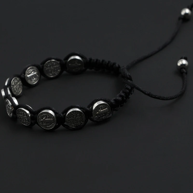 Braided Bracelet Handmade St. Benedict Medal Braided Rosary Coin Beaded Cross Bracelet