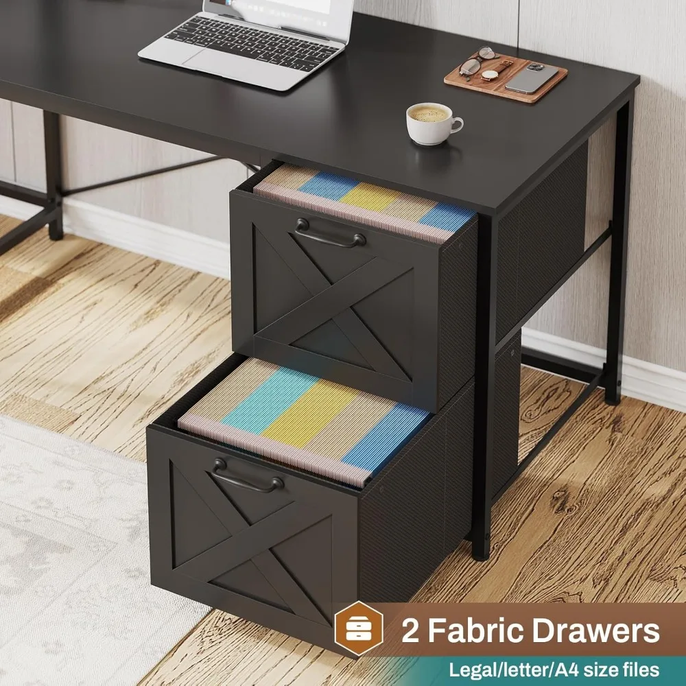 Corner Computer Desk, Reversible L Shaped Computer Desk with Fabric Drawers and Power Outlet, Gaming Desk with Led Lights, Hutc 6