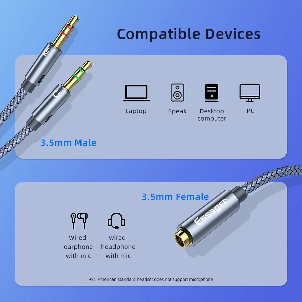 Essager Headphone Audio Splitter 3.5mm Female to 2 3.5 mm Jack Male Aux Cable For Computer Speaker Mic Y Splitter to PC Adapter