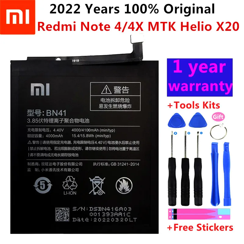 

2022 New 100% Original Real 4100mAh BN41 Battery For Xiaomi Redmi Note 4 MTK Helio X20 / Note 4X Pro MTK Helio X20 + Free Tools
