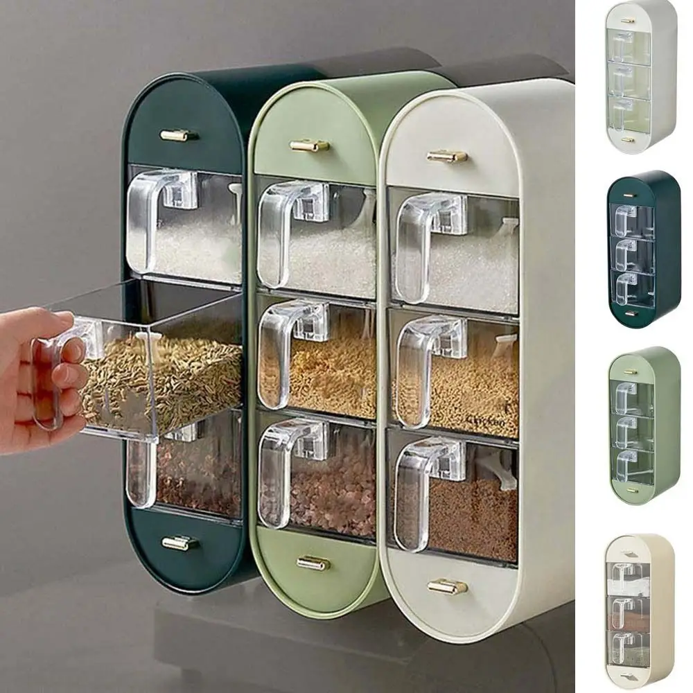 

Punch-Free 5 Grids Spice Organizer Wall Mounted Adhesive Seasoning Storage Box Plastic Moisture-proof Condiment Container Salt