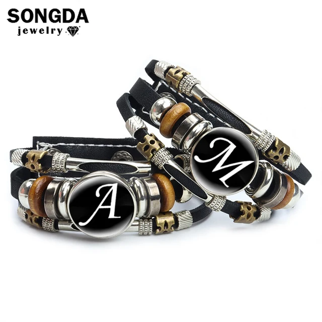 A-Z English Letters Leather Bracelet 26 Initial Letters Cabochon Glass  Black Color Snap Bracelet Women Men