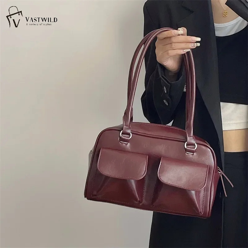 Vintage Women Business Shoulder Bags Simple Ladies Commute Tote Bag Pu Leather Female Underarm Bag Burgundy Large Handbags Purse shoulder bag ladies handbag underarm bag