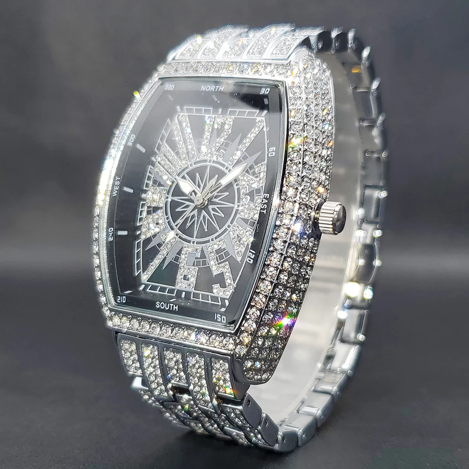 Orologio Uomo Lusso Diamanti Quadrante Grande | Quarzo Acciaio Inox Impermeabile 30m | Data E Bracciale Oro - 4