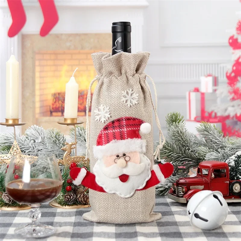 Xmas Snowman Santa Claus Wine Bottle Gift Packaging Jute Bag Pouch Burlap Christmas Wine Bottle Cover Bag Christmas Decorations