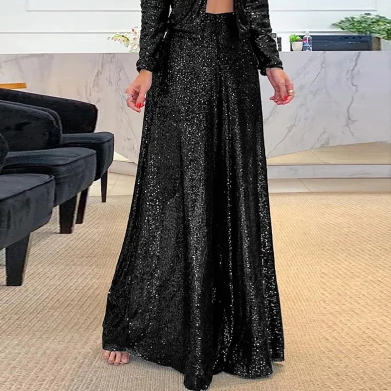 

Women Sexy Sequins Shiny Party Pants Autumn New Casual Wide Leg Hem Pleated Trousers Ladies Fashion High Waist Office Sweatpants