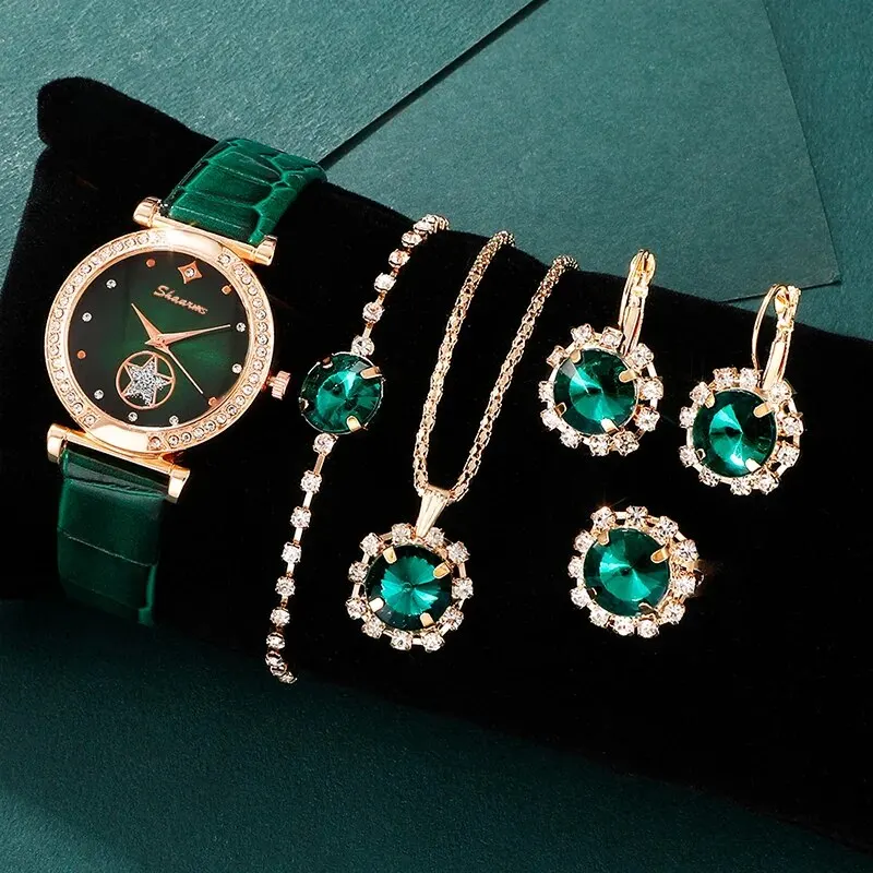 6PCS Set Women Watches Green Luxury Quartz Ring Necklace Earring Rhinestone Fashion Casual Ladies Bracelet