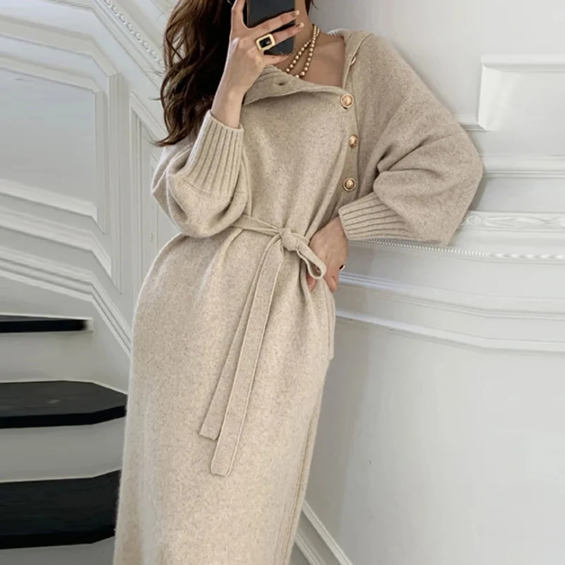 

New Knitwear Long Dresses With Sleeves Korean Popular Clothes Women's Sweater Dress Turtleneck Vintage Ladies Sweater Robe 2024