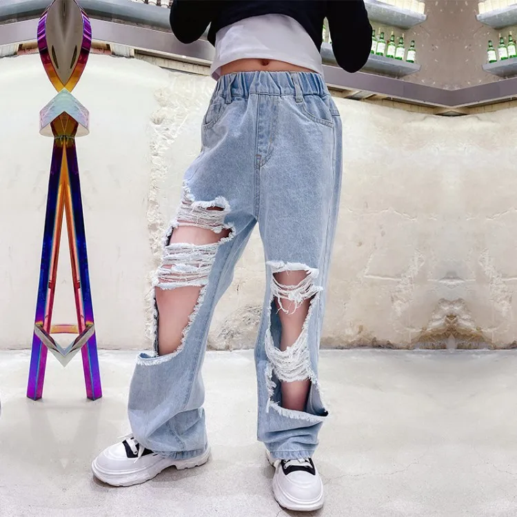 

hip hop teenage girl blue jeans pants high waist ripped distressed holes hollow out denim trousers capris streetwear 6 to 16 yrs
