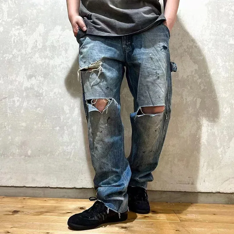 High Street New Saint Jeans Pants Men Woman 1:1 Casual Washed Hole Old Loose Blue Trousers Graffiti Vintage Best Quality 3