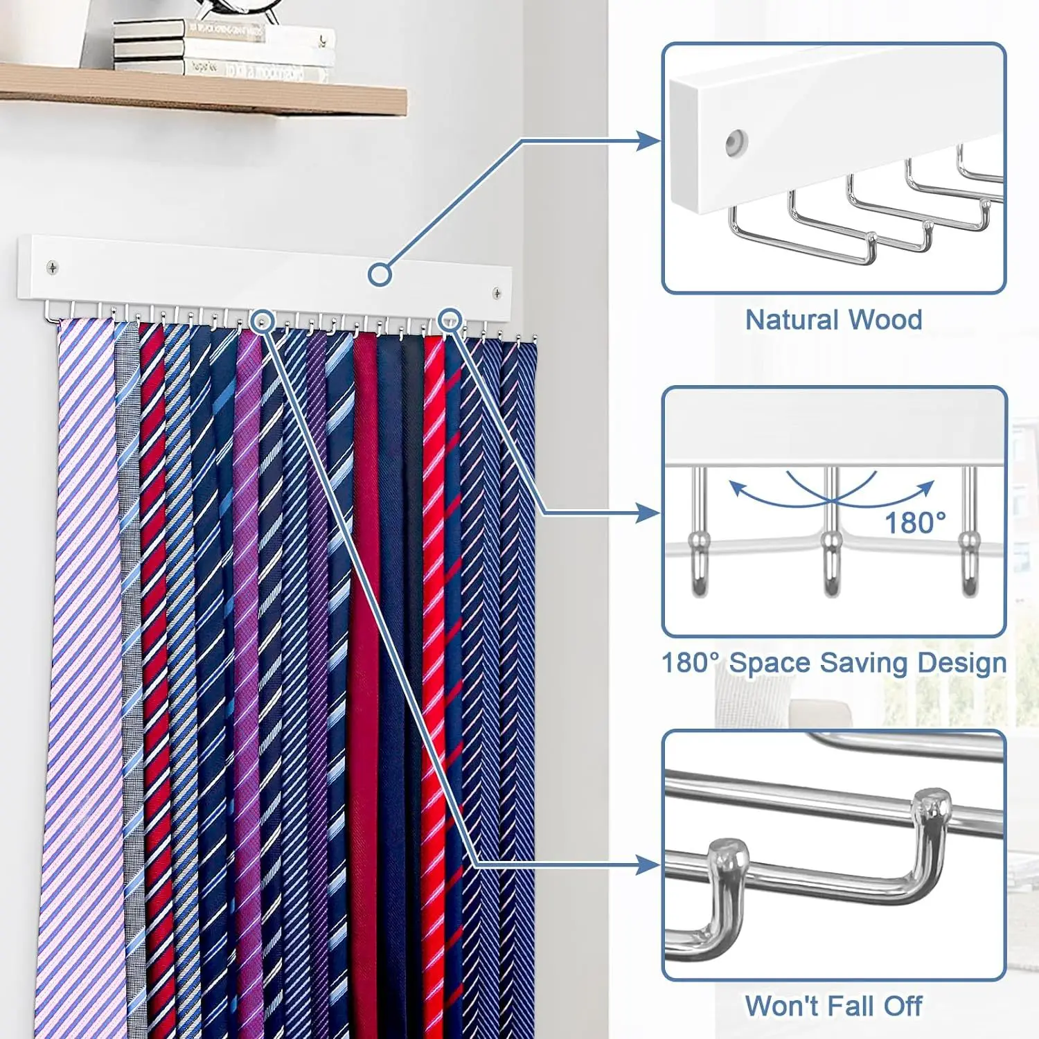 Tie Rack Wall Mounted Belt Pendant Storage Works Tie Rack 20 Hooks Wooden Metal Belt Organizer Men Hangers