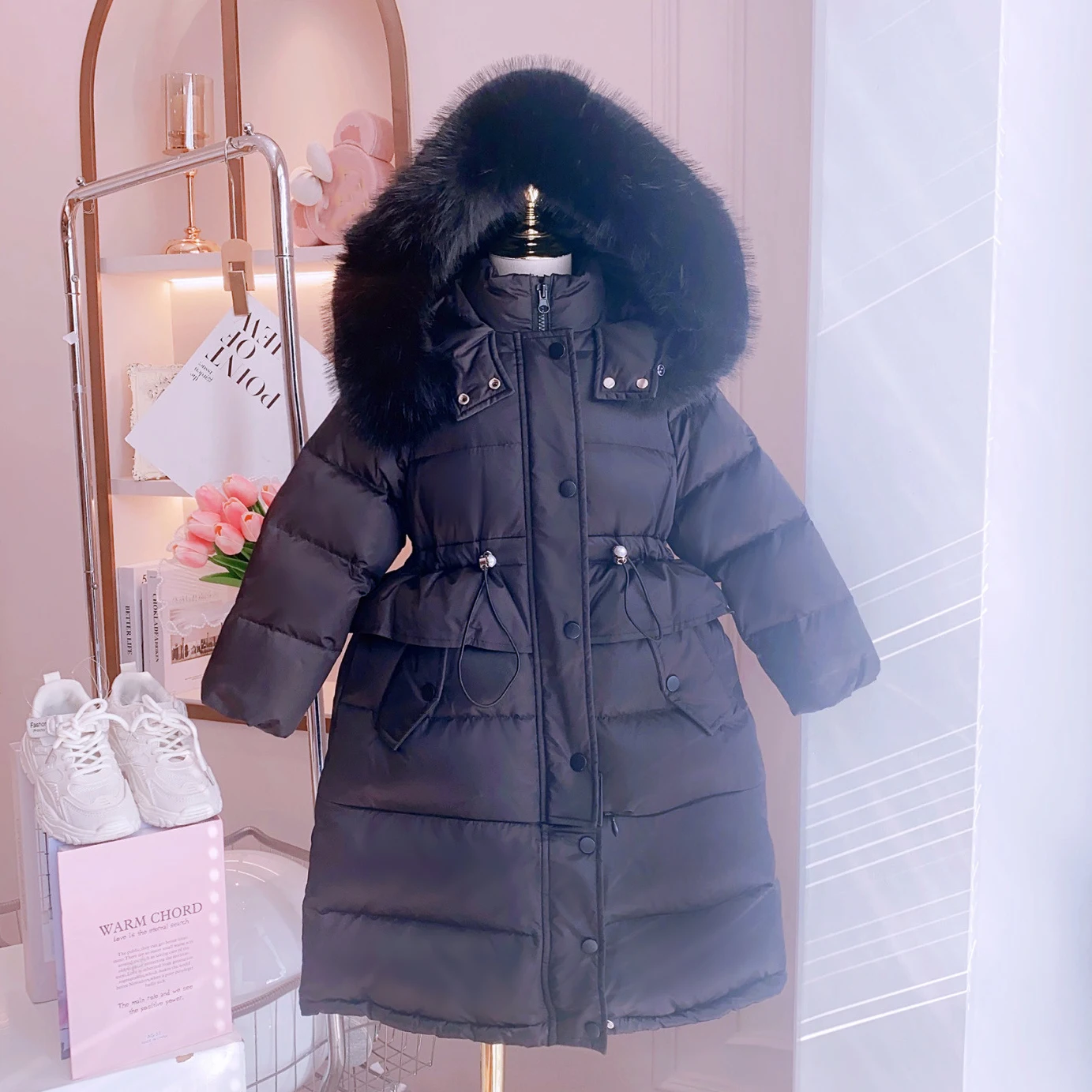 Girls' Winter New Solid Color Hoodie Hairy Collar Waist Collection Fashionable Windproof Warm Long Cotton Jacket