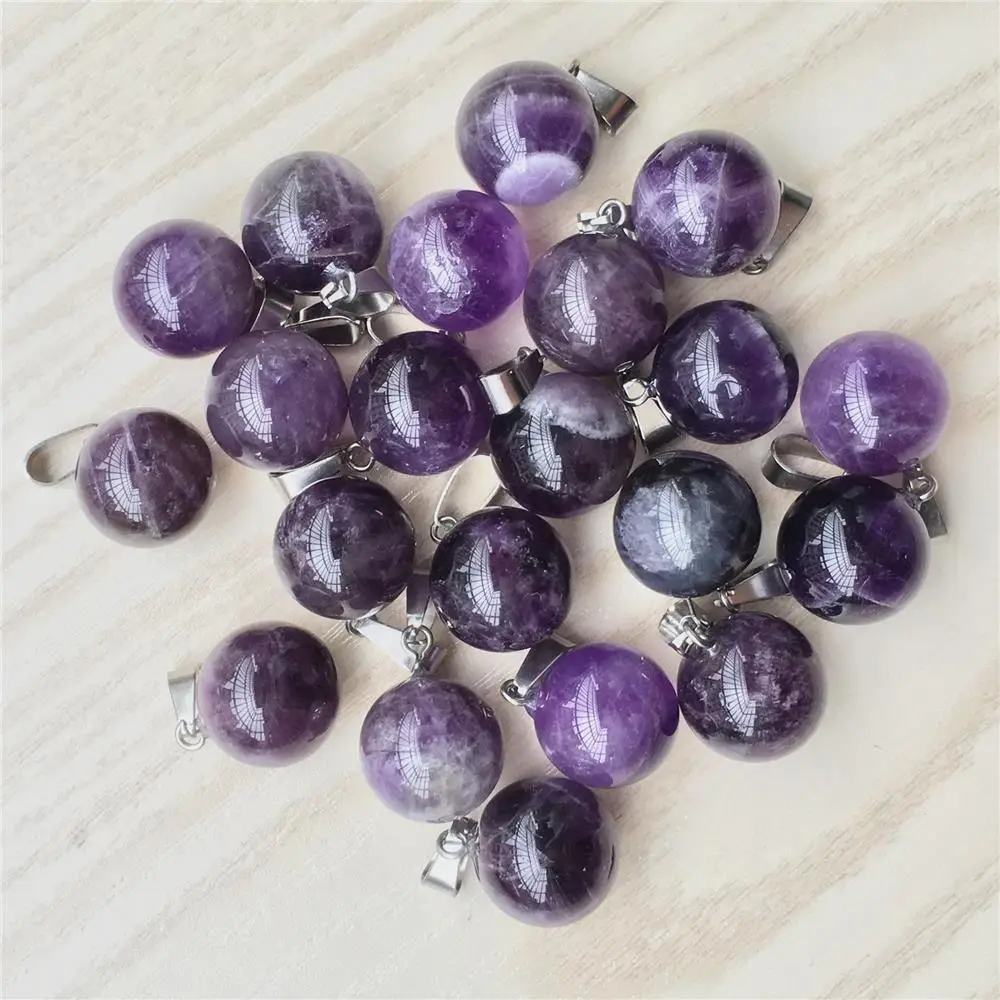 Wholesale 24PC/Lot Fashion Natural Amethysts Purple Crystal Stone Round Ball Pendant Necklace For Womem Jewelry Making 14MM