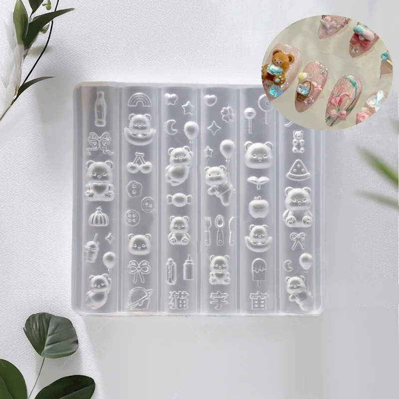 1Pc Cartoon Bear 3D Relief Silicone Nail Mold - Nail Art Decor Template for DIY Manicure Design Tools