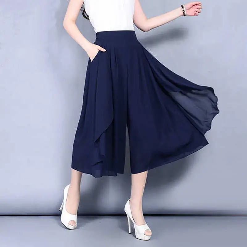 Women's Summer Capris Chiffon Breathable Wide Leg Pants Solid Color Oversized High Waist Loose Casual Pantskirt
