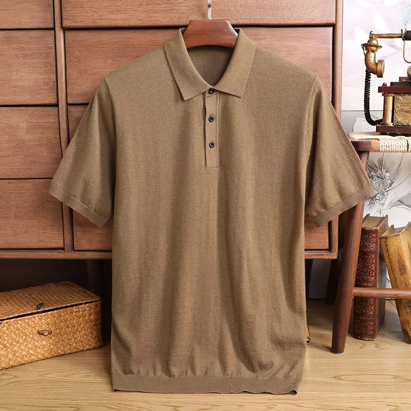 thumbnail image 1 of Suéter tipo polo de manga corta para hombre, jersey de primavera y verano, camiseta de lana suave y suelta, 1 of 5