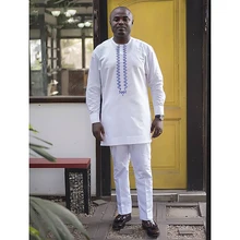 

H&D 2022 Men African Outfit Traditional White Long Sleeve Shirt Pants Set Dashiki Embroidered Dashiki 2 Pieces Wedding