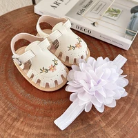 2pcs Newborn Baby Girls Floral Pattern Closed Toe Non-Slip Soft Sole Sandals & Headband Set, Spring & Summer 5