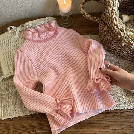 

Undershirt Girls Sweater Velvet High Collar Winter New Children Clothing Solid Color Knitting Tops Tide 2023 Striped