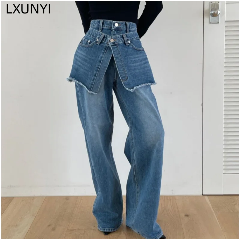 LXUNYI  Korean 2023 Spring Autumn New Vintage Jeans Women Washing Distress Design Fake Two Pieces Straight Denim Trousers