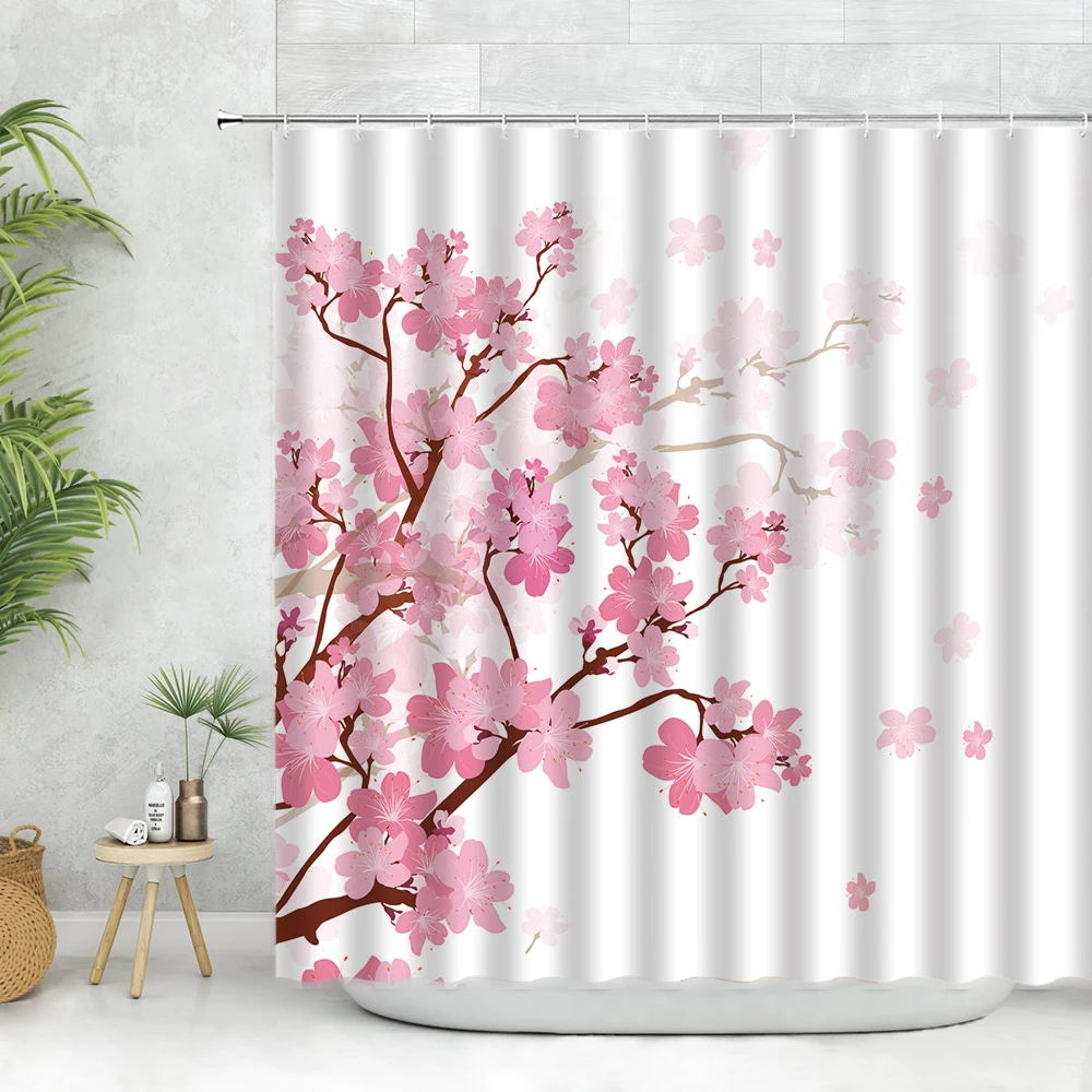 Pink Floral Peach Blossom Shower Curtain Set Cherry Blossoms Plant Flowers Decor Bathroom White Curtains Polyester Fabric Hooks