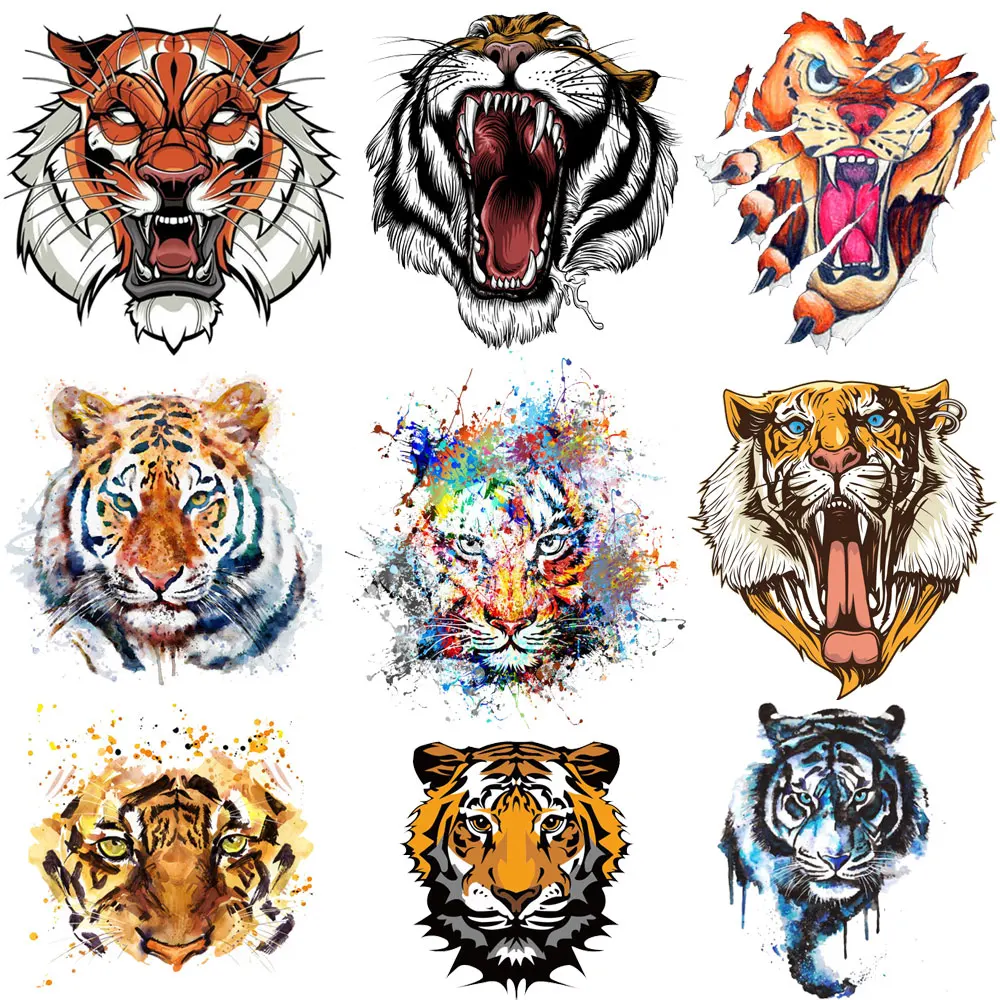 Cool Tiger Head Patches Iron on Transfers for Clothing T-shirt Appliques Watercolor Animal Thermal Stickers on Punk Clothes Logo