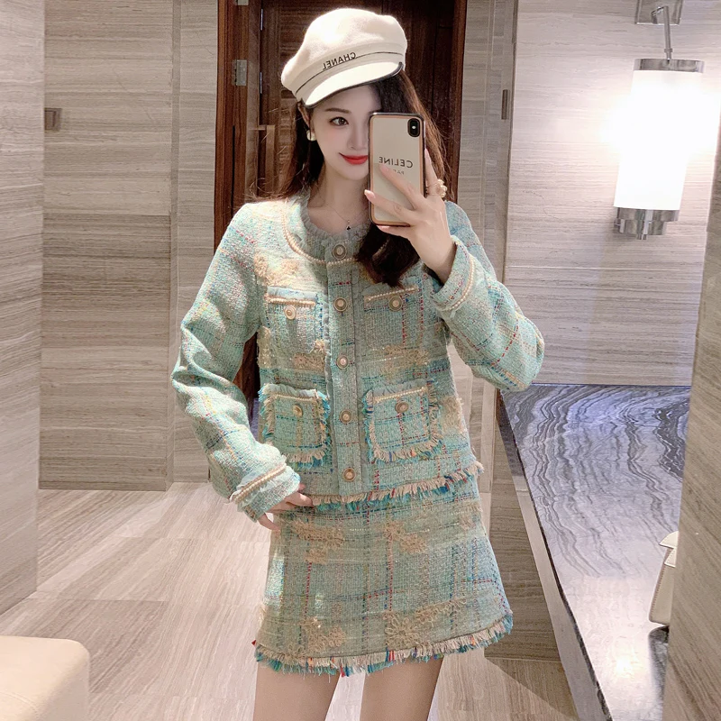 

Elegant Women's Sweet Spicy Beaded Sequins Thick Tweed Tassels Coat Jacket + A-Line Skirts Suit For Ladies Two Peices Set Female