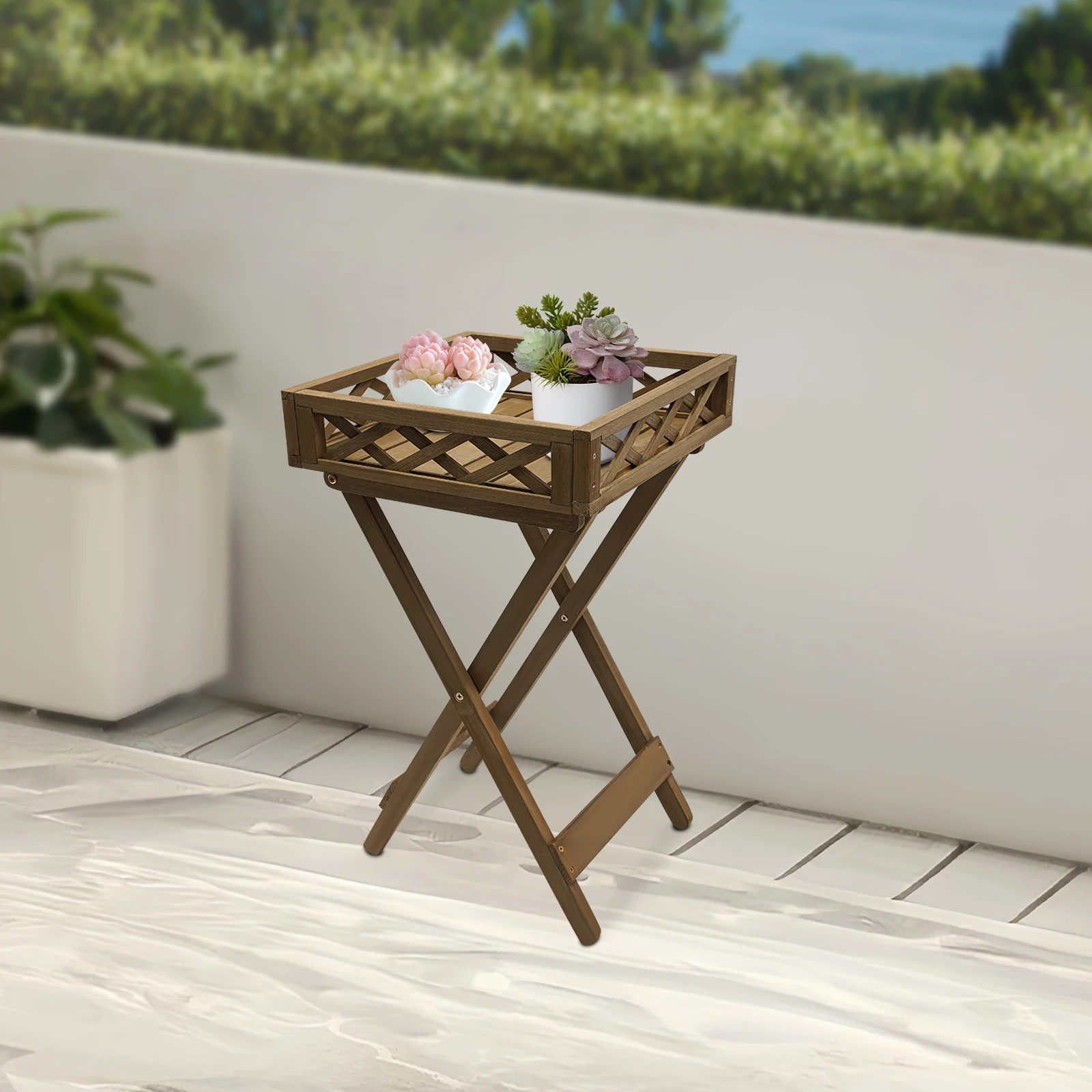 15.7*15.7*3.5in Solid Wood Folding Flowerpot, Flower Rack, Storage Rack, Plant Bracket, Plant Rack 20kg-Coffee Color
