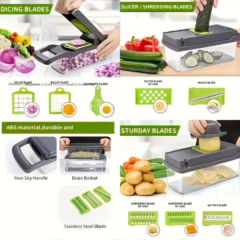 16-In-1 Multifunctional Vegetable Chopper with Container, Manual Food Slicer for Onion Carrot Garlic, Kitchen Gadget Set with St