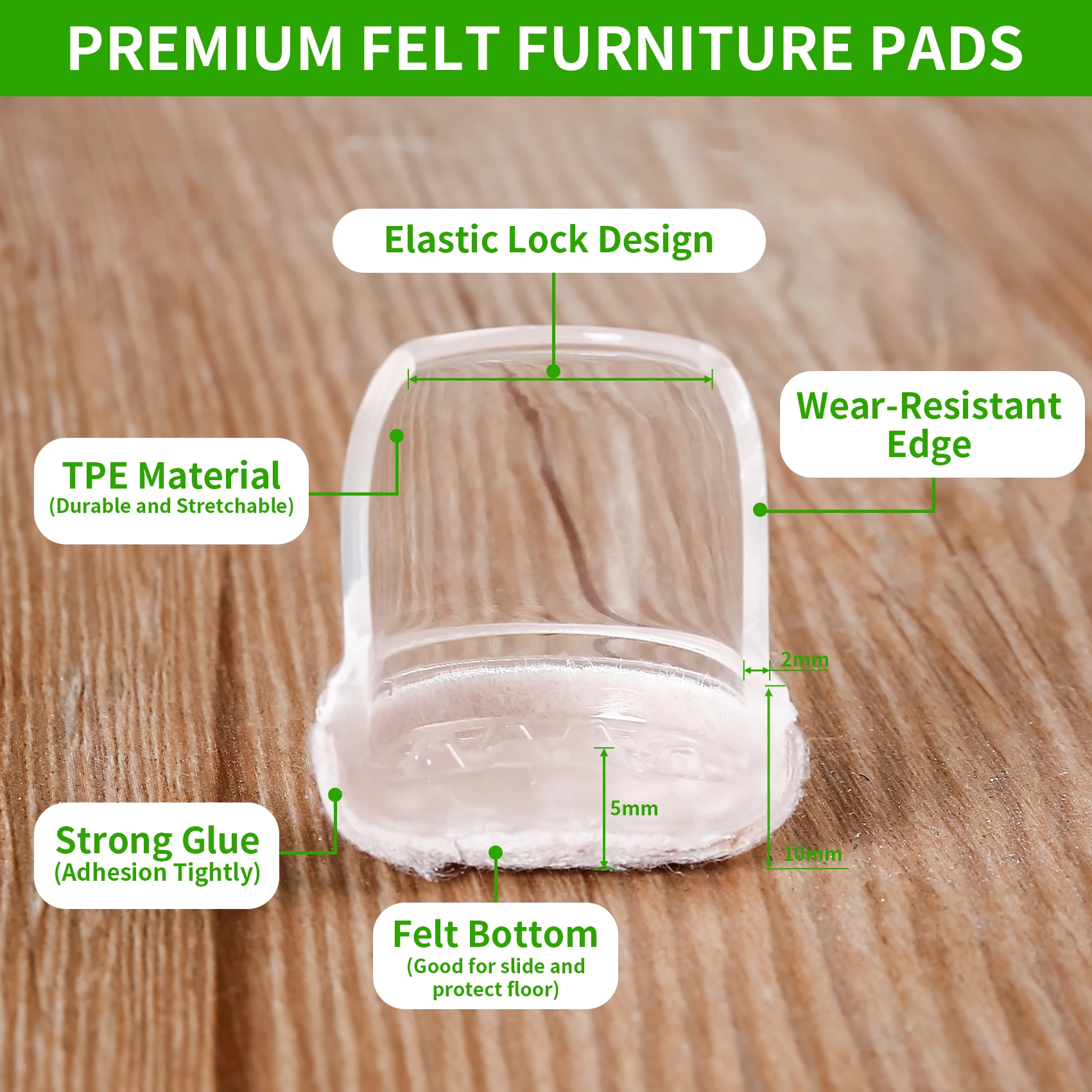 Clear Silicone Chair Leg Protectors with Felt Pads - Set of 16, Floor Scratch and Noise Reduction