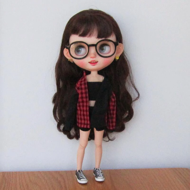 DLBell Blythe Doll Clothes Handmade Red and Black Shirt and Tube Top Shorts Set for Blyth Pullip Ob24 1/6 Azone ICY Licca Dolls