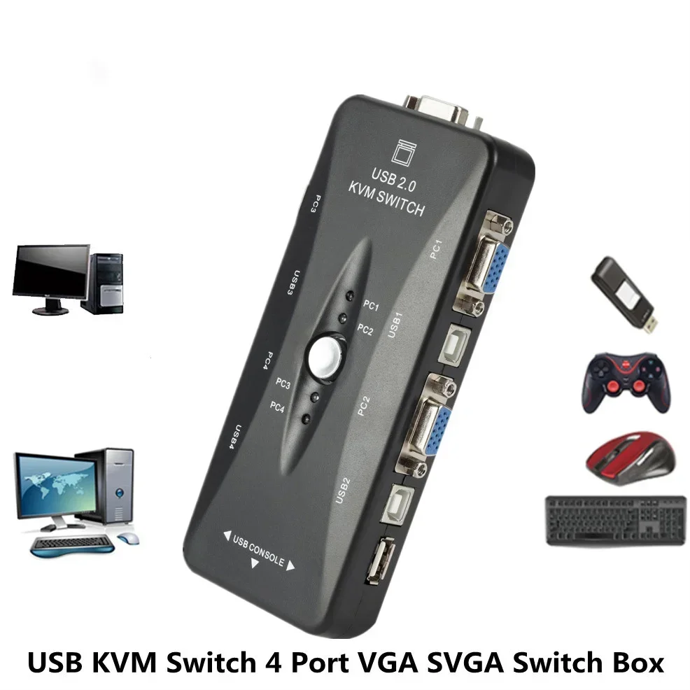 USB KVM Switch 4 Port VGA SVGA Switch Box USB 2.0 KVM Mouse Switcher Keyboard 1920*1440 Vga Splitter Box Sharing