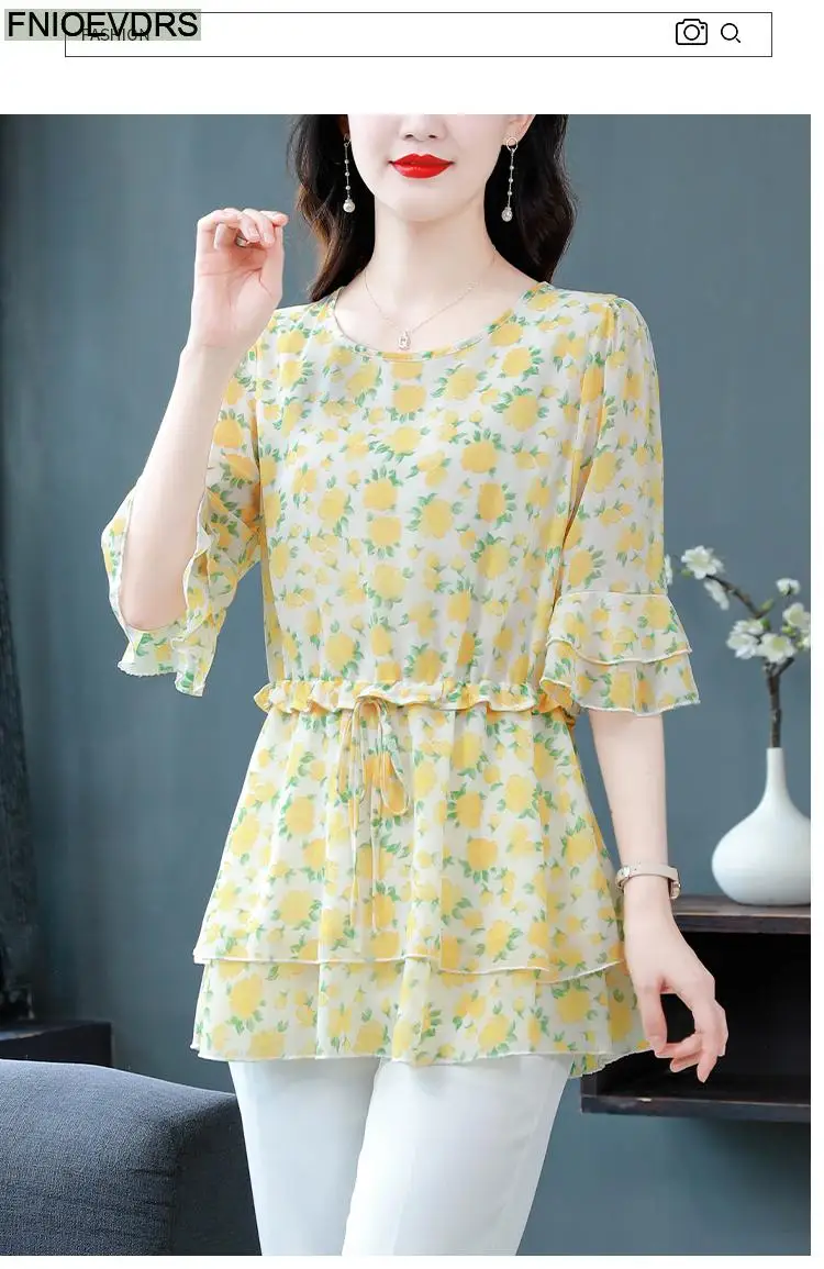 S-4XL Loose Clothes 2023 Women Summer Short Sleeve Elegant Ruffles Shirts Casual Chiffon Floral Tunic Peplum Tops And Blouses