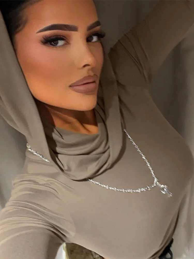 Women's Hooded Crop Tops Autumn Solid Color Long Sleeve Cowl Neck Slim Fit Short T-Shirt Streetwear Sporty Basics Tees