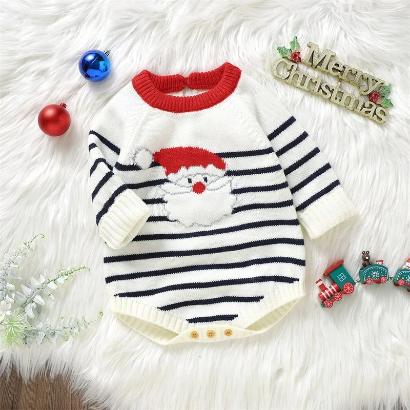 

Baby Christmas Romper Striped Long Sleeve Crew Neck Santa Print Bodysuit Newborn Playsuit