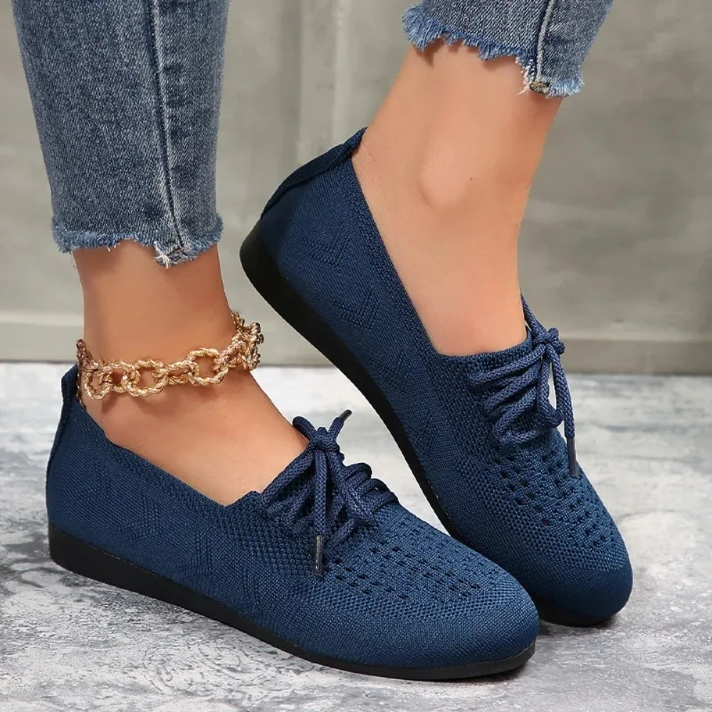 

Туфли женские сетчатые на шнуровке, дышащие удобные, мягкая подошва, плетение, вязаная обувь на плоской подошве, весна 2024