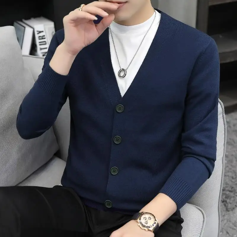 Autumn Winter New Men Sweater Coat V-Neck Solid Single Breasted Korean Fashion Casual Slim Long Sleeve Cardigan Knitted Tops 3