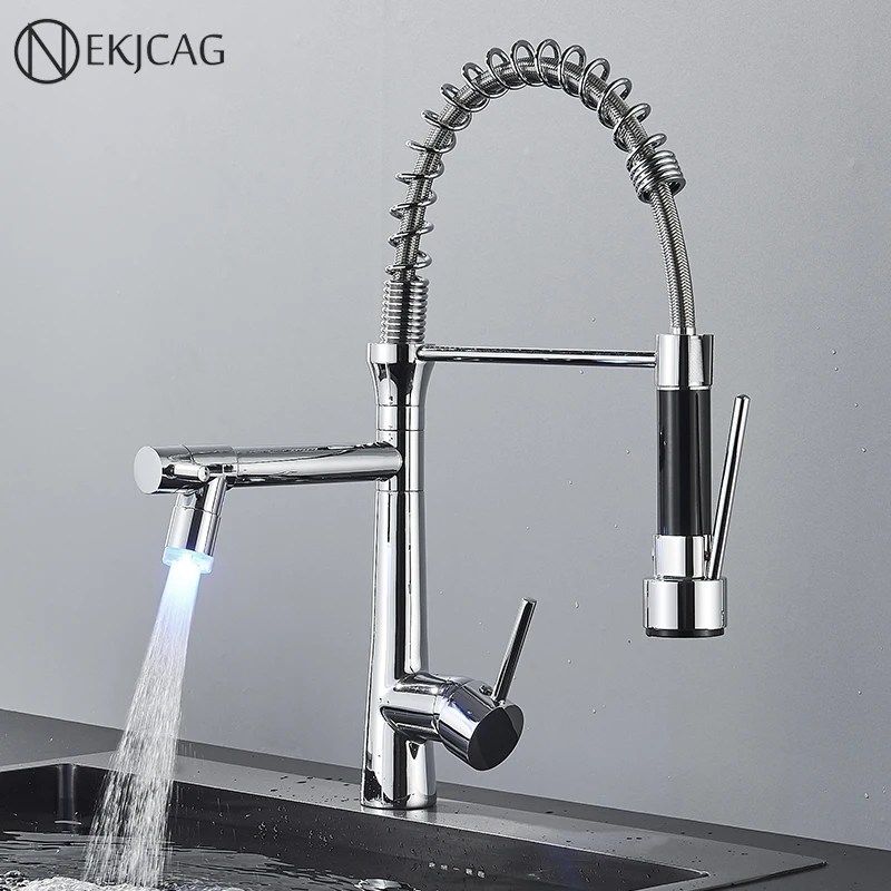 Led Gourmet Pull-Down-Küchenarmatur, Doppeldüse, 360°-Drehung, Multifunktionaler Waschbecken-Wasserhahn, Kalt- Und Warmwassermischer, Chrom